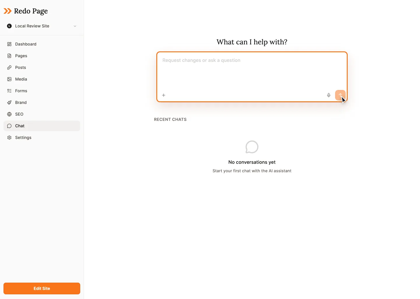 Redo AI chat screen with a central prompt box and recent chat history area.