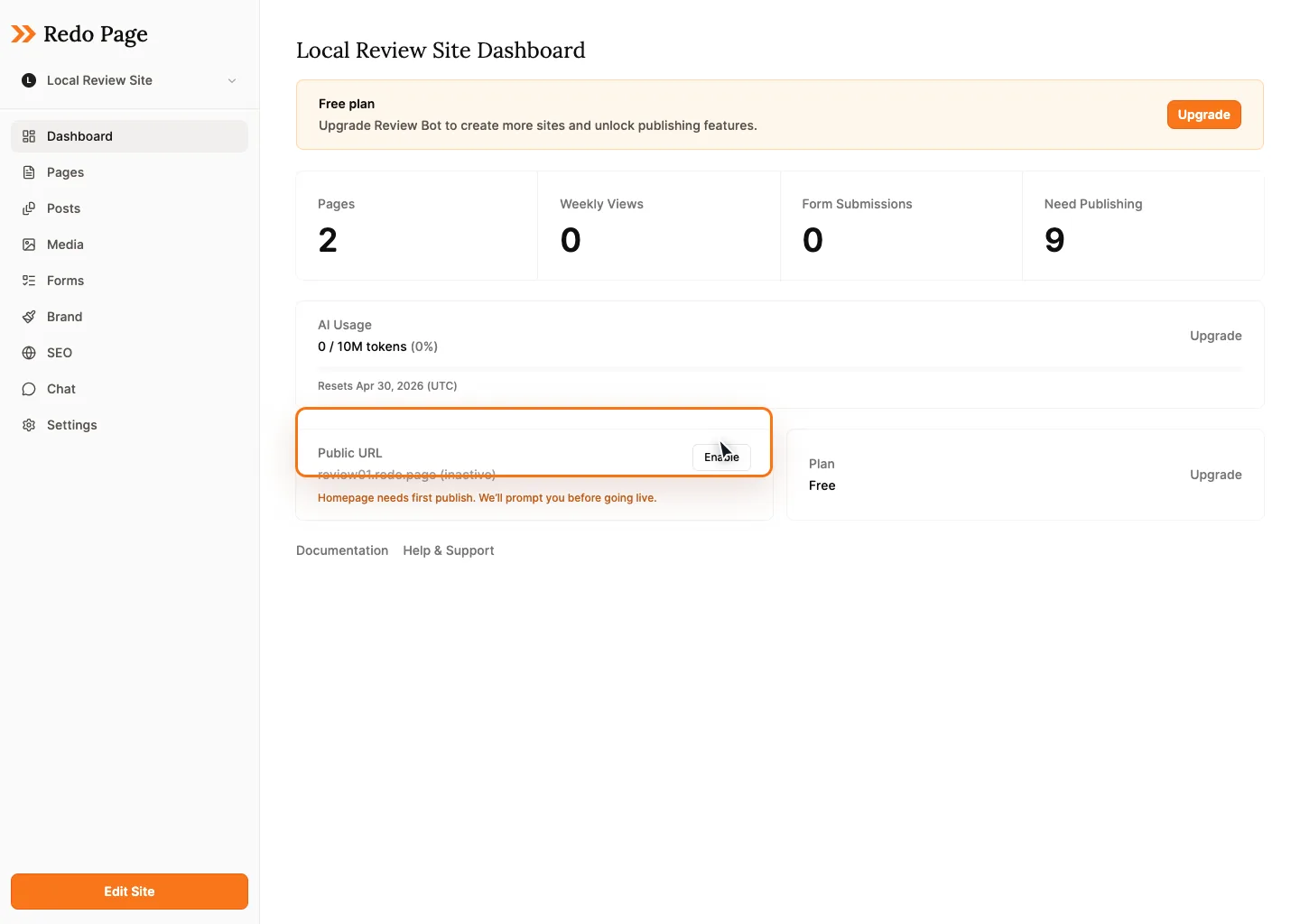Redo site dashboard with a large AI prompt box and quick action chips for common site tasks.