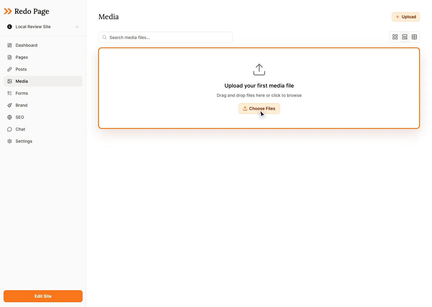 Redo Media screen with upload, search, view controls, and a drag-and-drop upload target.