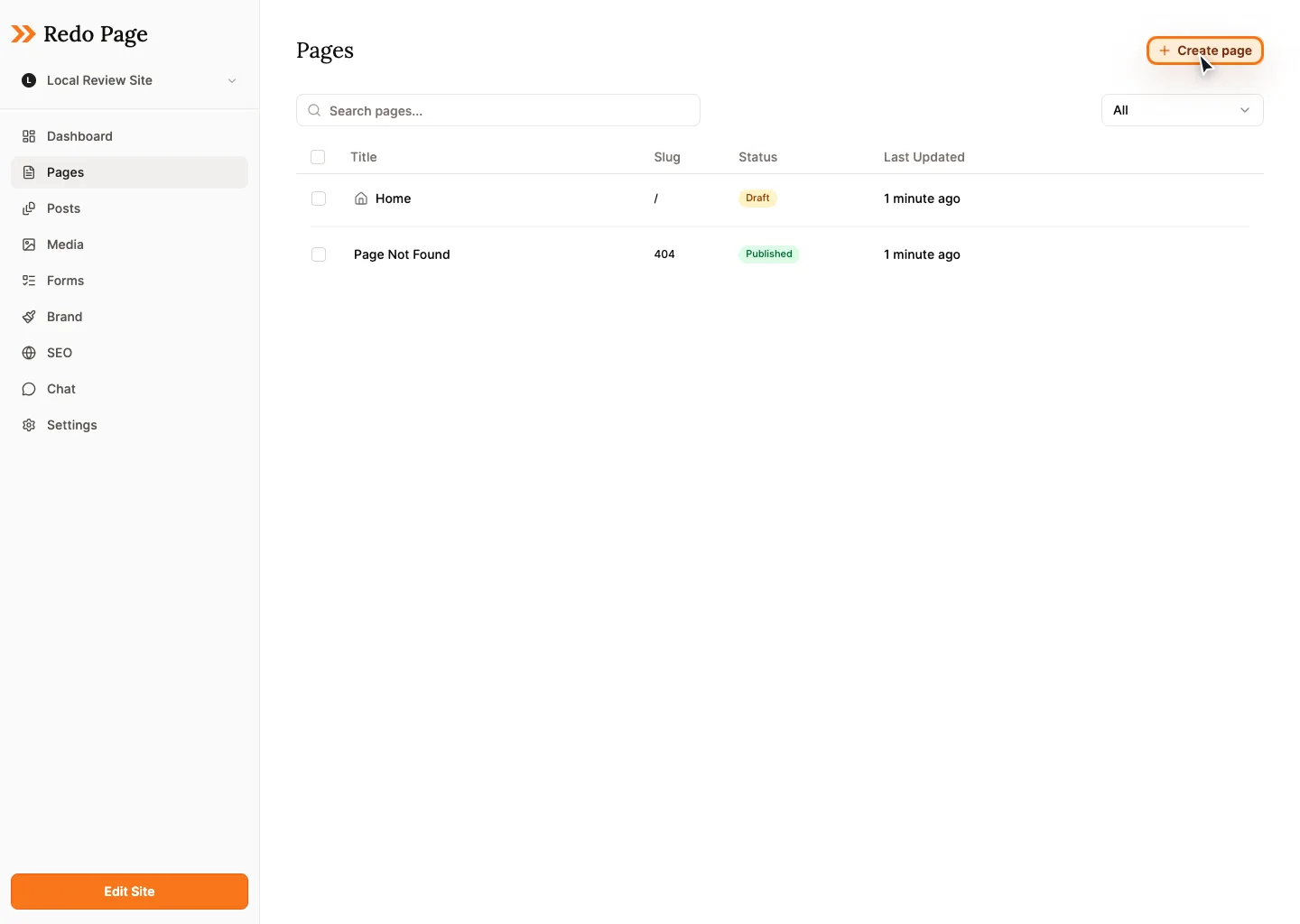 Redo Pages screen with search, filters, an empty state, and Create page actions.